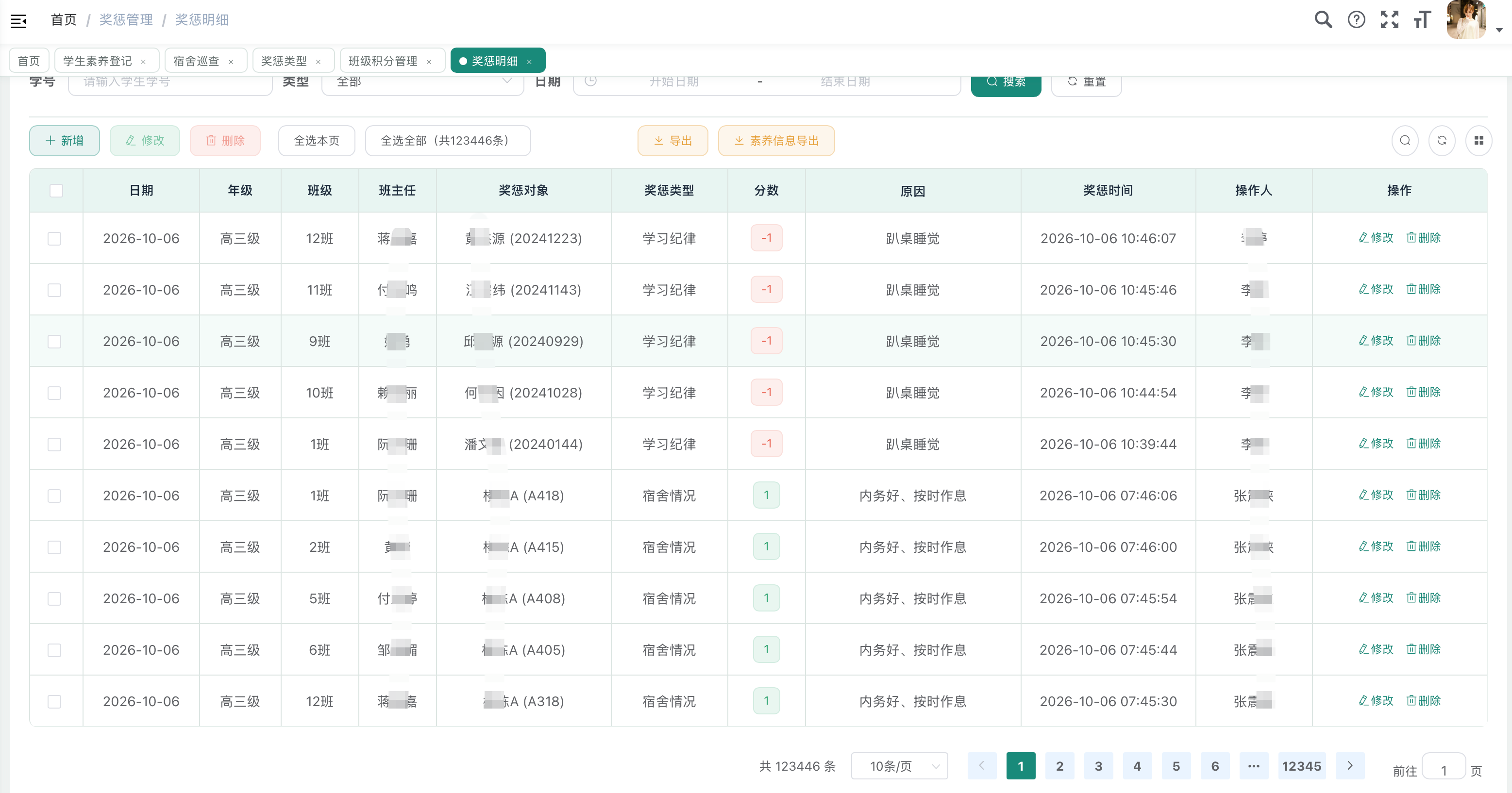 奖惩明细列表，含查询条件与导出